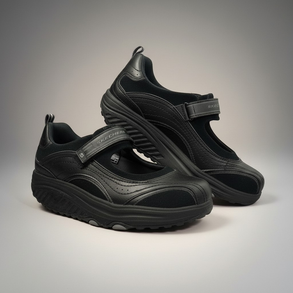 Skechers Shapeups Hydrate Black Leather Mary Jane Rocker Bottom Shoes Sneakers 9